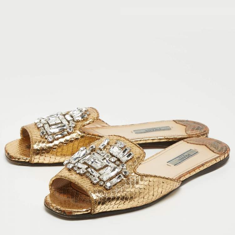 Pre Owned Prada Gold Embossed Python Crystal Embellished Flat Slides Size 38