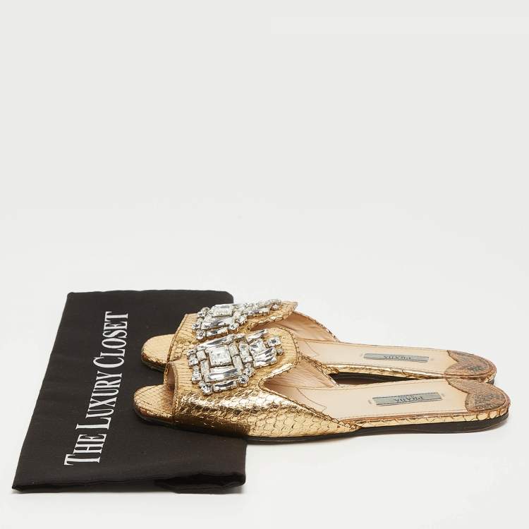 Pre Owned Prada Gold Embossed Python Crystal Embellished Flat Slides Size 38