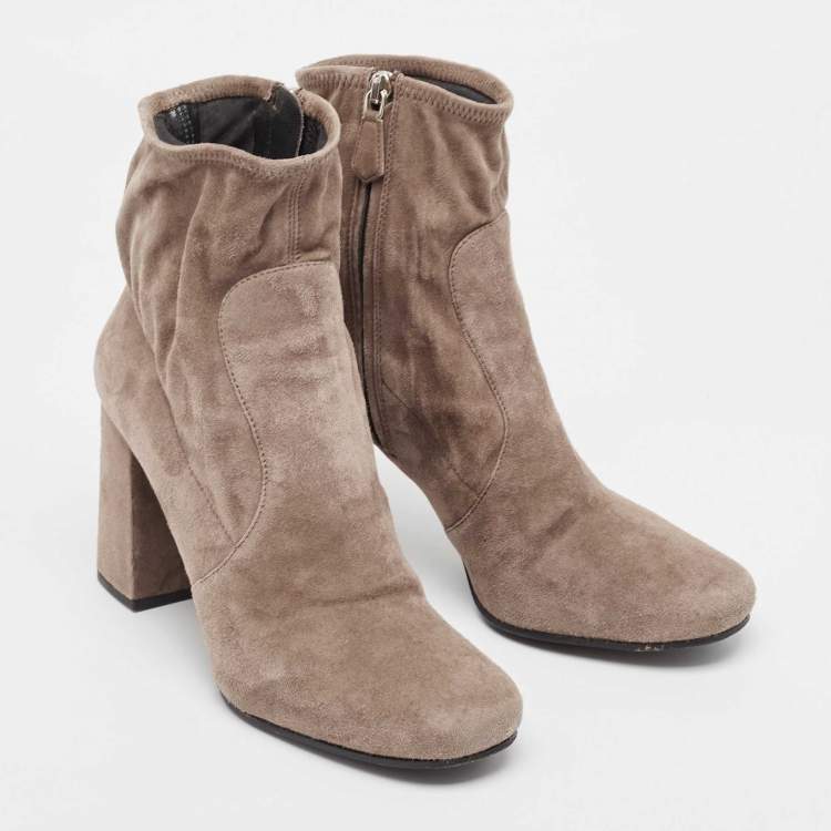 Pre Owned Prada Light Brown Suede Block Heel Ankle Boots Size 39