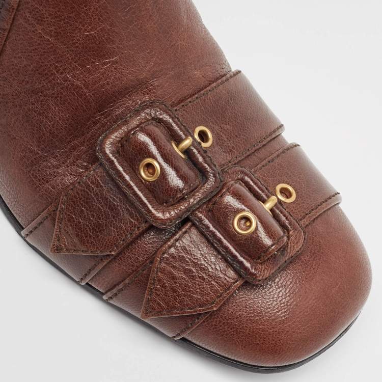 Pre Owned Prada Brown Leather Buckle Over The Knee Boots Size 39