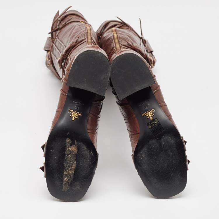 Pre Owned Prada Brown Leather Buckle Over The Knee Boots Size 39