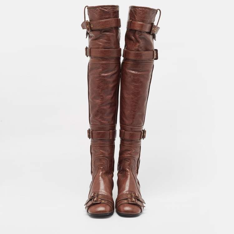 Pre Owned Prada Brown Leather Buckle Over The Knee Boots Size 39