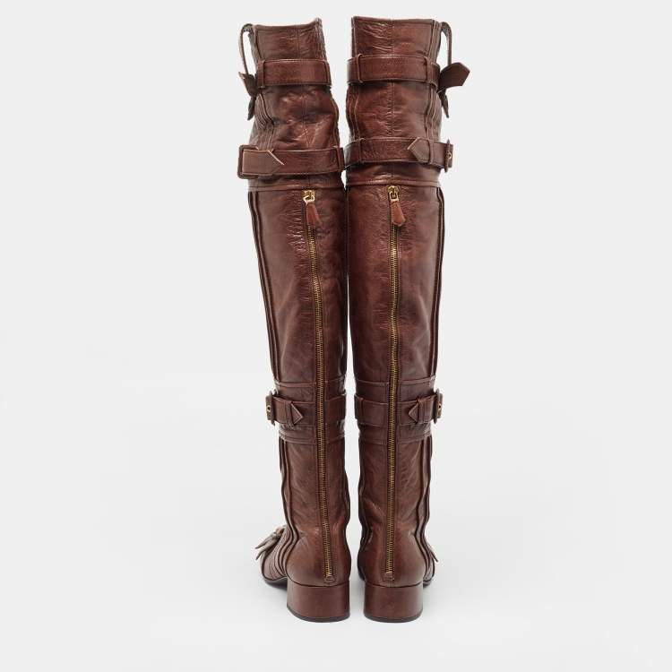 Pre Owned Prada Brown Leather Buckle Over The Knee Boots Size 39