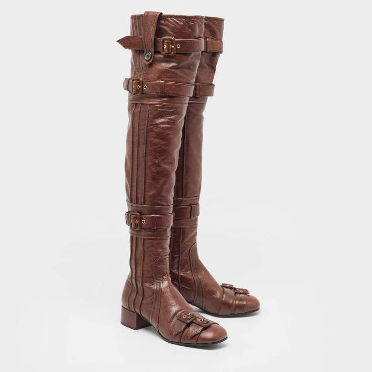 Pre Owned Prada Brown Leather Buckle Over The Knee Boots Size 39