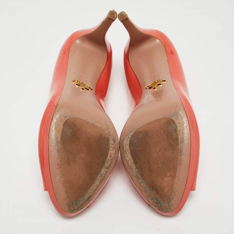 Pre Owned Prada Coral Pink Patent Leather Peep Toe Platform Pumps Size 36.5