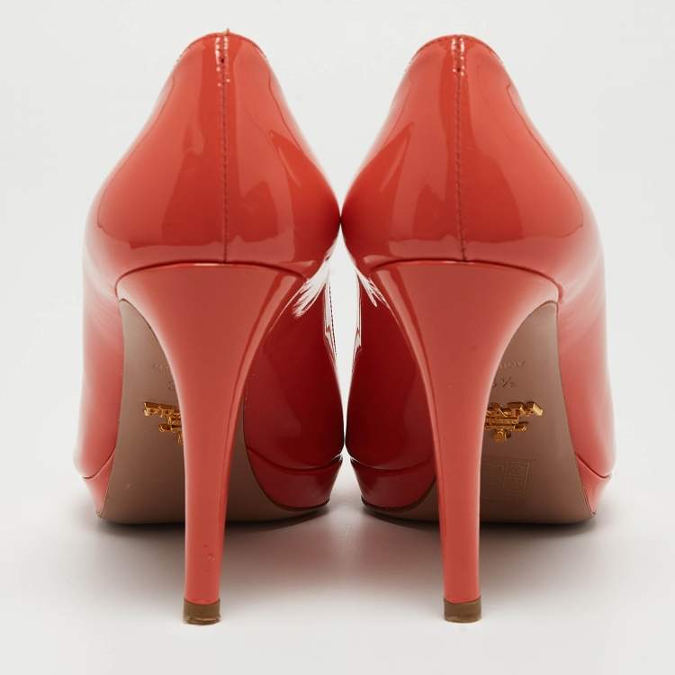 Pre Owned Prada Coral Pink Patent Leather Peep Toe Platform Pumps Size 36.5