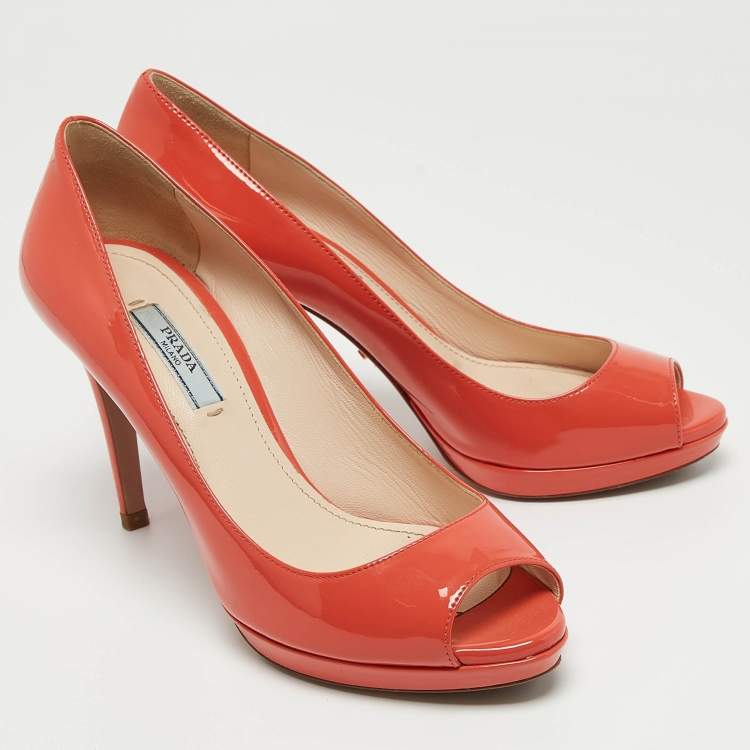 Pre Owned Prada Coral Pink Patent Leather Peep Toe Platform Pumps Size 36.5