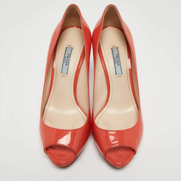 Pre Owned Prada Coral Pink Patent Leather Peep Toe Platform Pumps Size 36.5