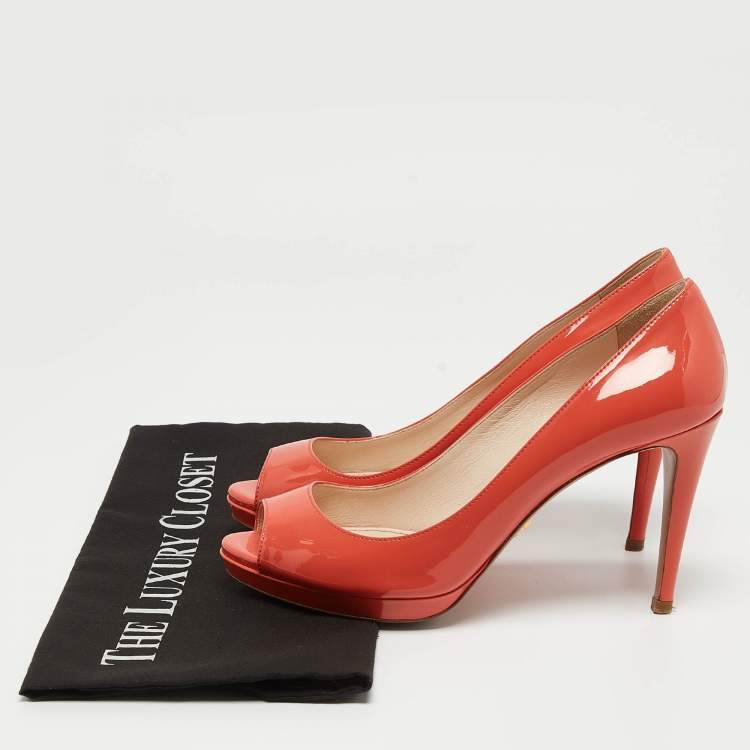 Pre Owned Prada Coral Pink Patent Leather Peep Toe Platform Pumps Size 36.5