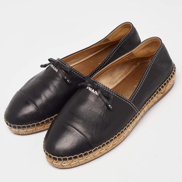 Pre Owned Prada Black Leather Bow Espadrille Flats Size 37.5 