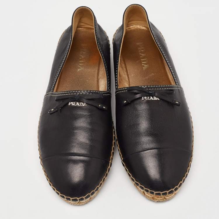 Pre Owned Prada Black Leather Bow Espadrille Flats Size 37.5 