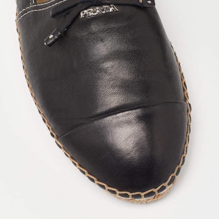 Pre Owned Prada Black Leather Bow Espadrille Flats Size 37.5 