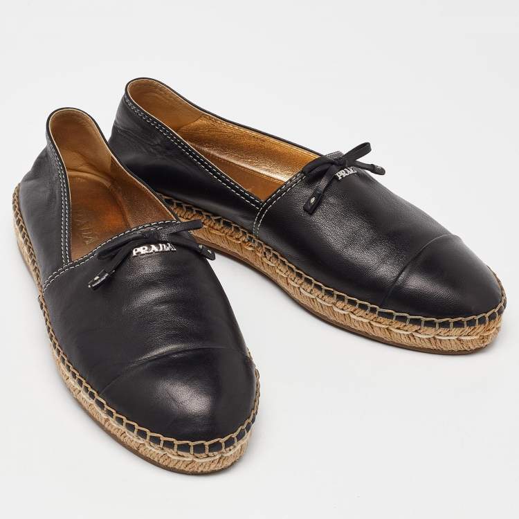 Pre Owned Prada Black Leather Bow Espadrille Flats Size 37.5 