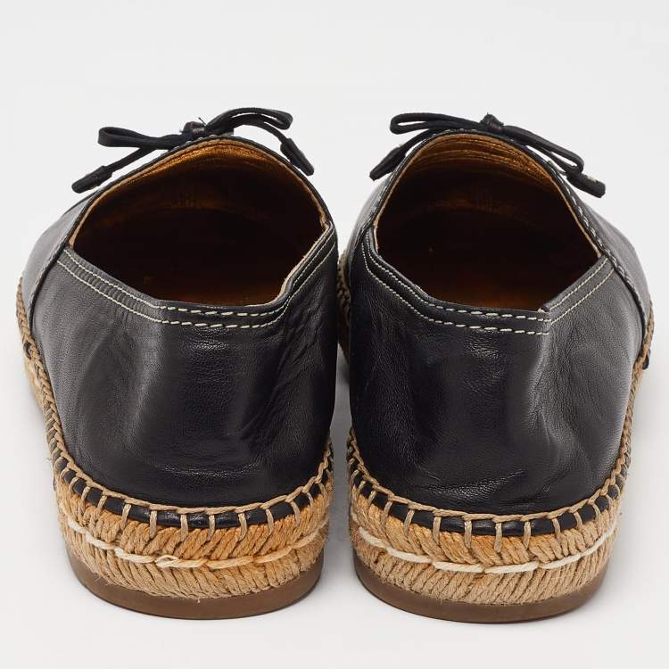 Pre Owned Prada Black Leather Bow Espadrille Flats Size 37.5 