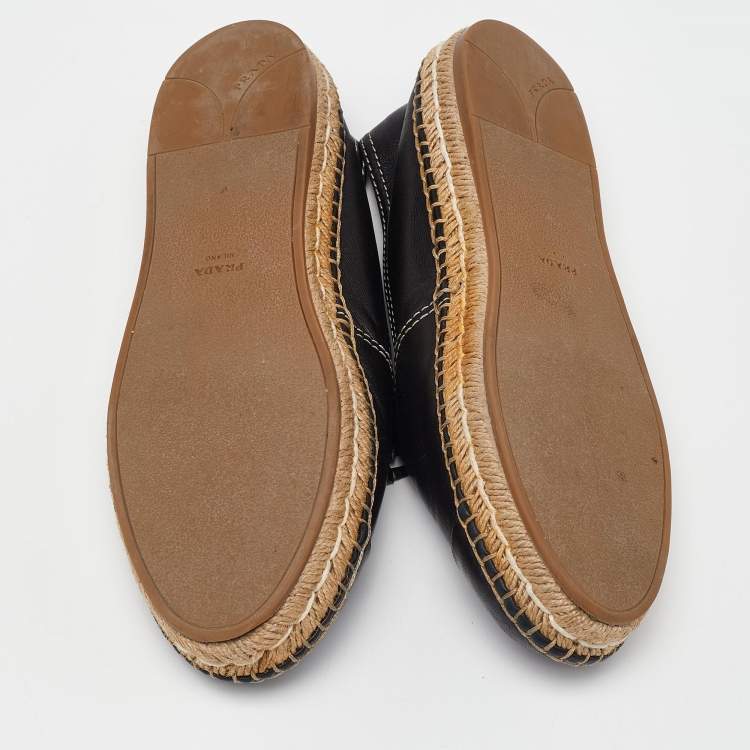 Pre Owned Prada Black Leather Bow Espadrille Flats Size 37.5 