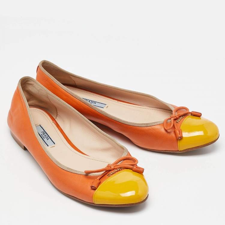 Pre Owned Prada Orange/Yellow Leather Bow Cap Toe Ballet Flats Size 38.5