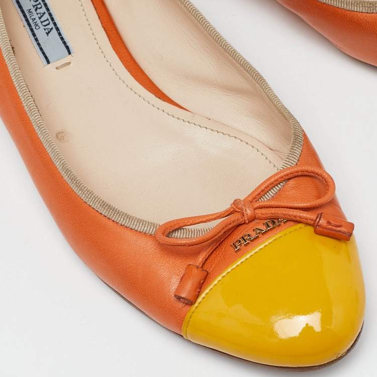 Pre Owned Prada Orange/Yellow Leather Bow Cap Toe Ballet Flats Size 38.5