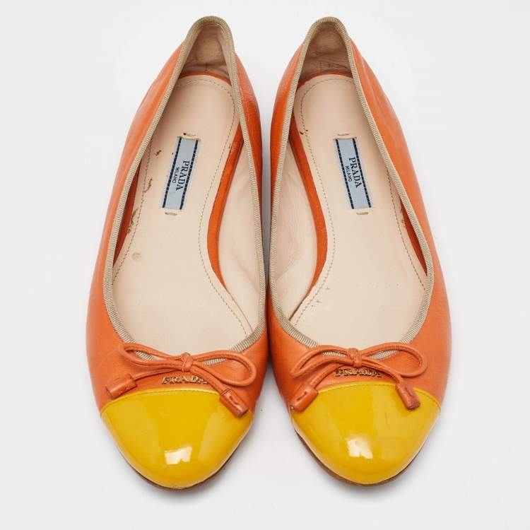 Pre Owned Prada Orange/Yellow Leather Bow Cap Toe Ballet Flats Size 38.5