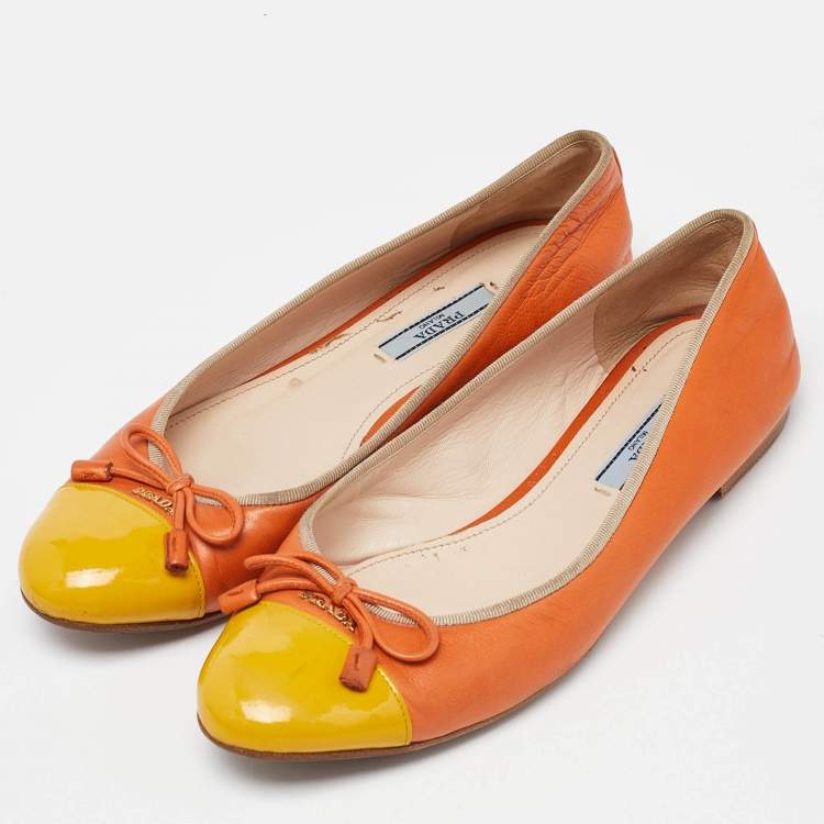 Pre Owned Prada Orange/Yellow Leather Bow Cap Toe Ballet Flats Size 38.5