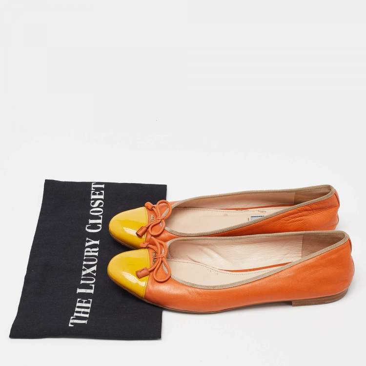 Pre Owned Prada Orange/Yellow Leather Bow Cap Toe Ballet Flats Size 38.5