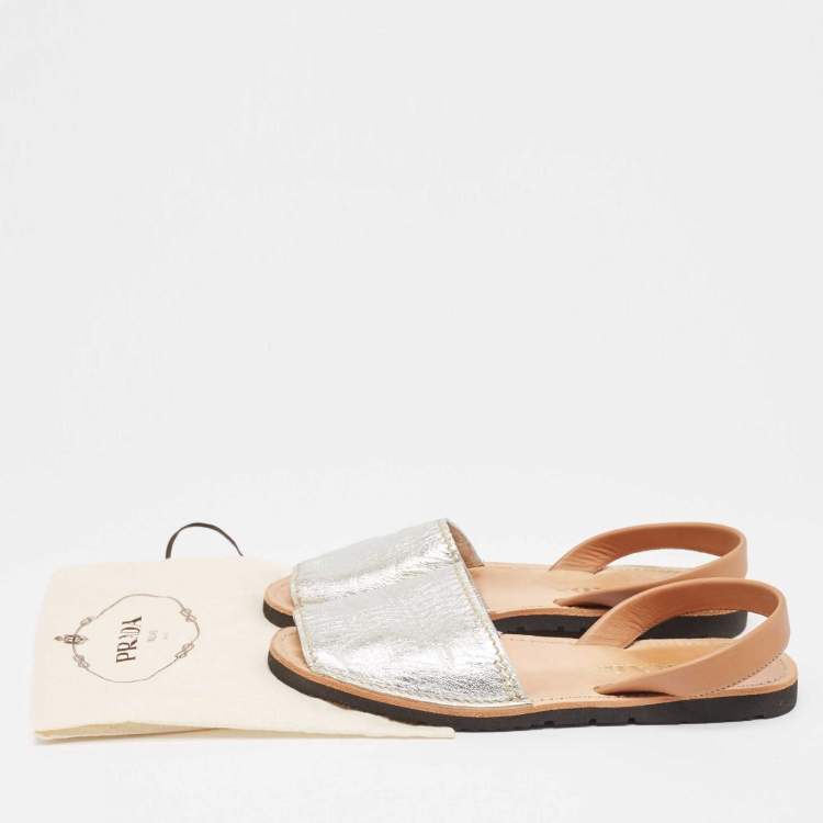 Pre Owned Prada Silver/Brown Leather Slingback Flats Size 40