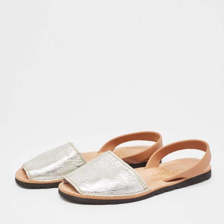 Pre Owned Prada Silver/Brown Leather Slingback Flats Size 40