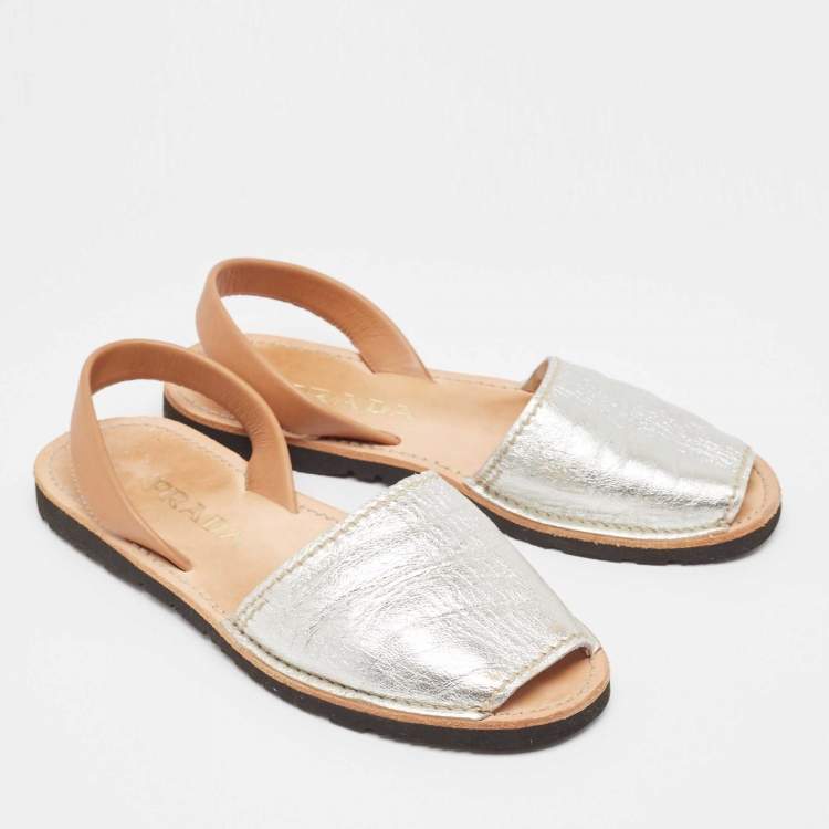 Pre Owned Prada Silver/Brown Leather Slingback Flats Size 40
