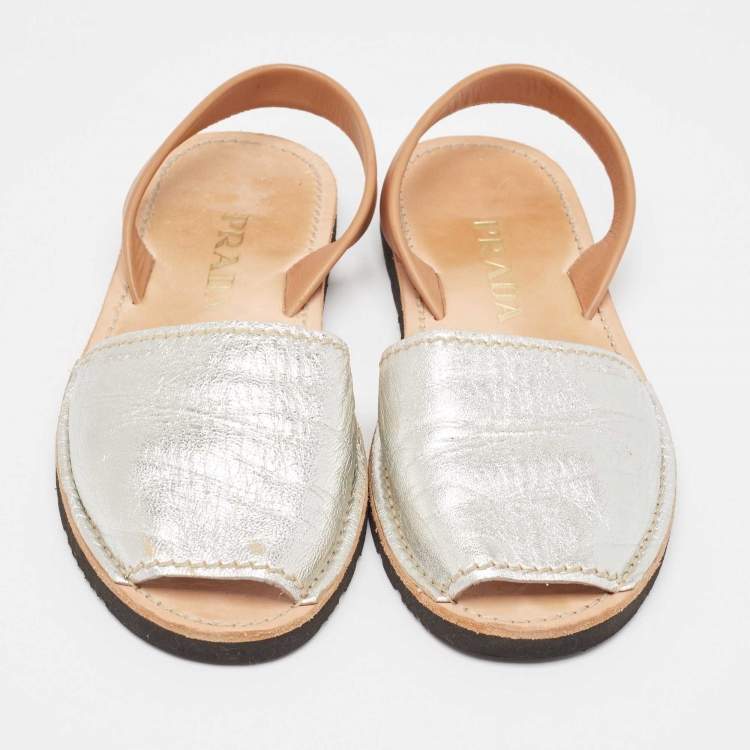 Pre Owned Prada Silver/Brown Leather Slingback Flats Size 40