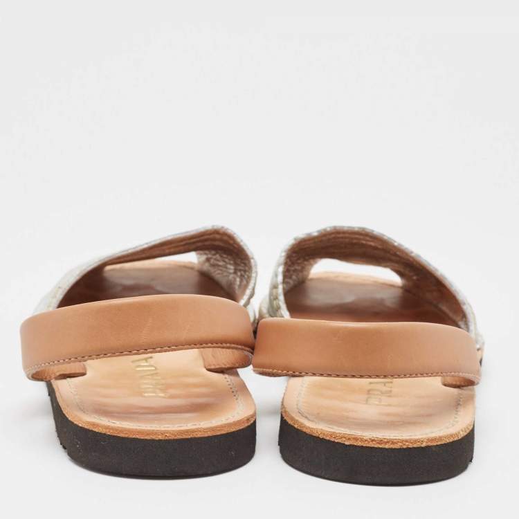 Pre Owned Prada Silver/Brown Leather Slingback Flats Size 40