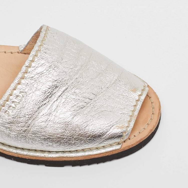 Pre Owned Prada Silver/Brown Leather Slingback Flats Size 40