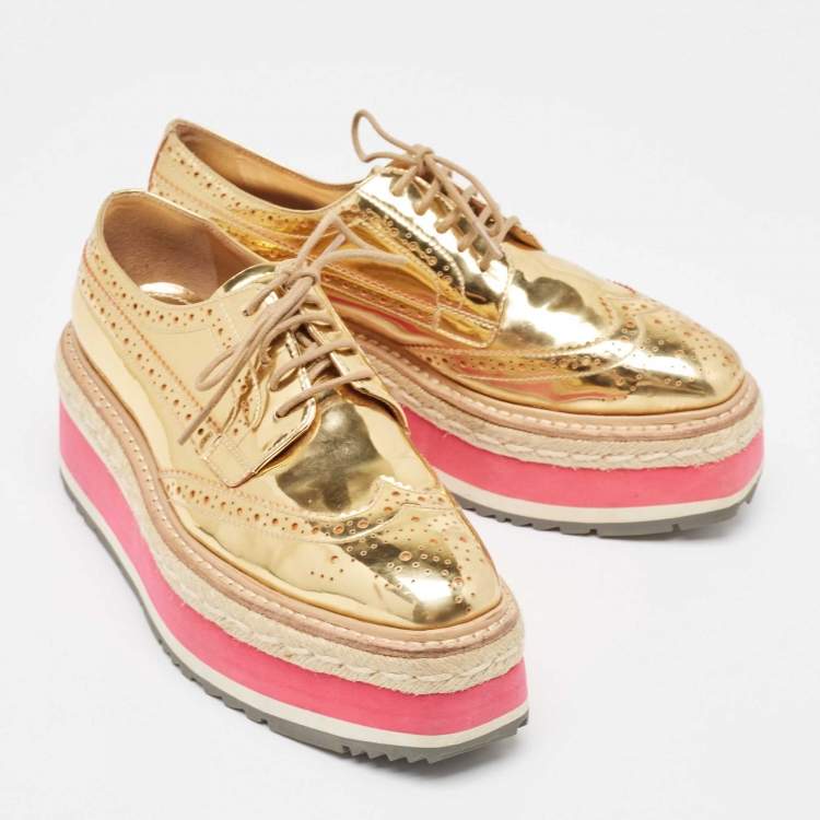 Pre Owned Prada Gold Leather Platform Derby Sneakers Size 35
