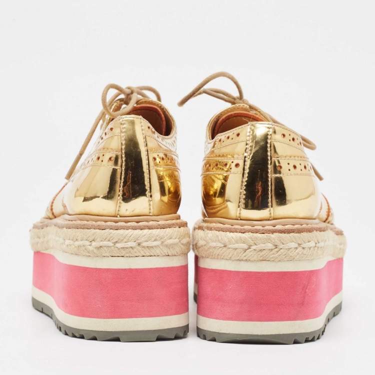 Pre Owned Prada Gold Leather Platform Derby Sneakers Size 35