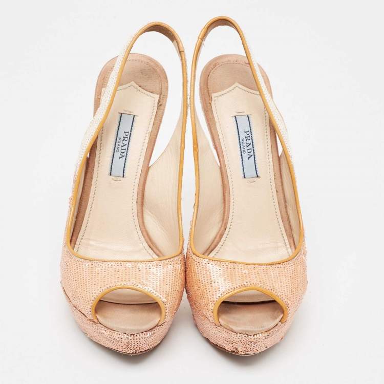 Pre Owned Prada Pink/White Sequins Peep Toe Platform Slingback Sandals Size 36.5