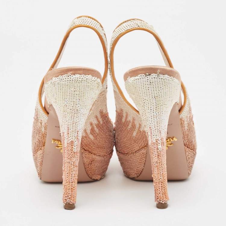 Pre Owned Prada Pink/White Sequins Peep Toe Platform Slingback Sandals Size 36.5