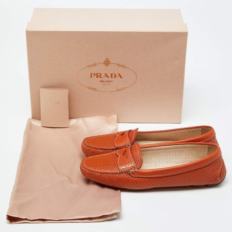 Pre Owned Prada Orange Perforated Leather Penny Loafers Size 36