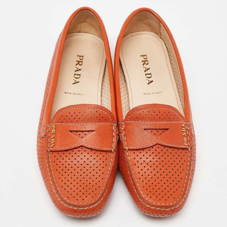 Pre Owned Prada Orange Perforated Leather Penny Loafers Size 36