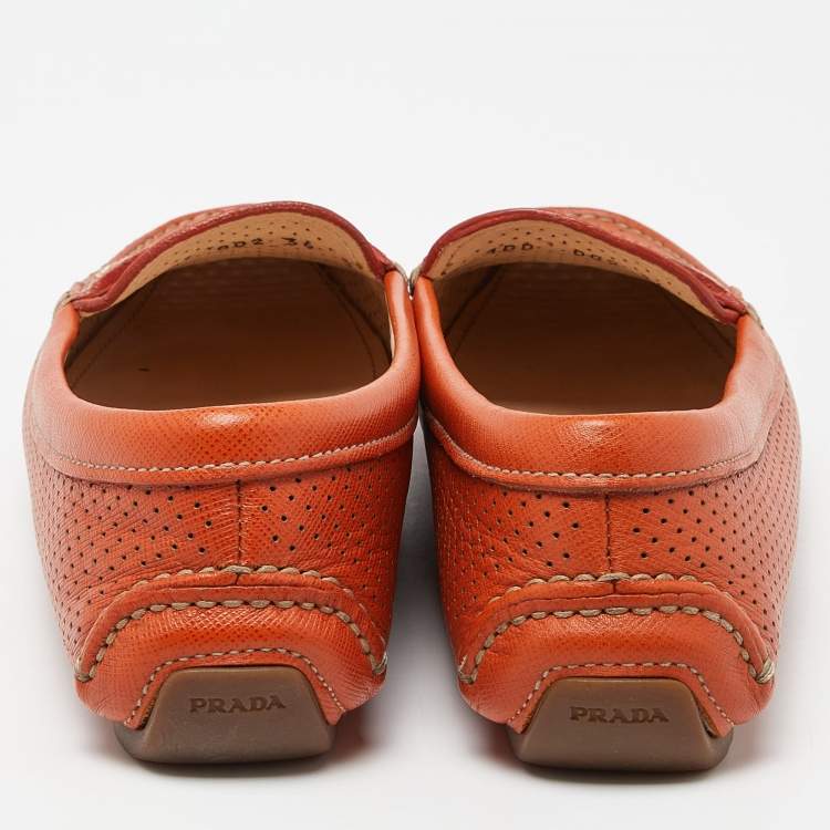 Pre Owned Prada Orange Perforated Leather Penny Loafers Size 36