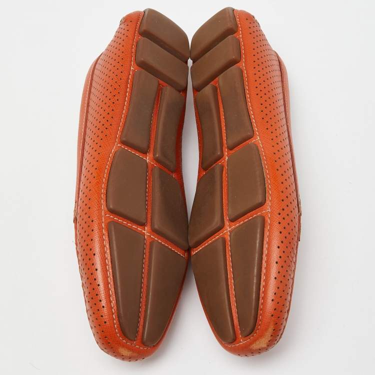 Pre Owned Prada Orange Perforated Leather Penny Loafers Size 36