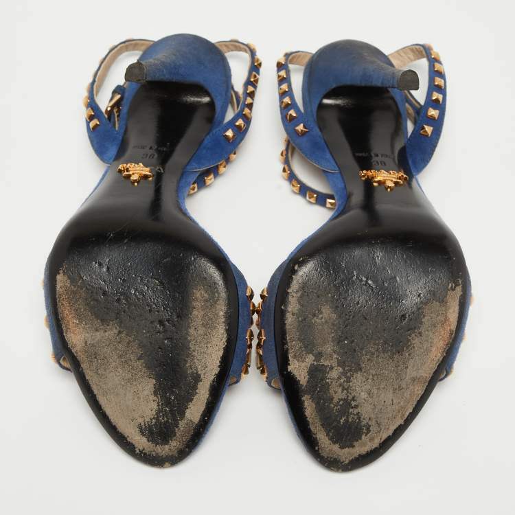Pre Owned Prada Blue Suede Crystal Embellished Ankle Strap Sandals Size 38