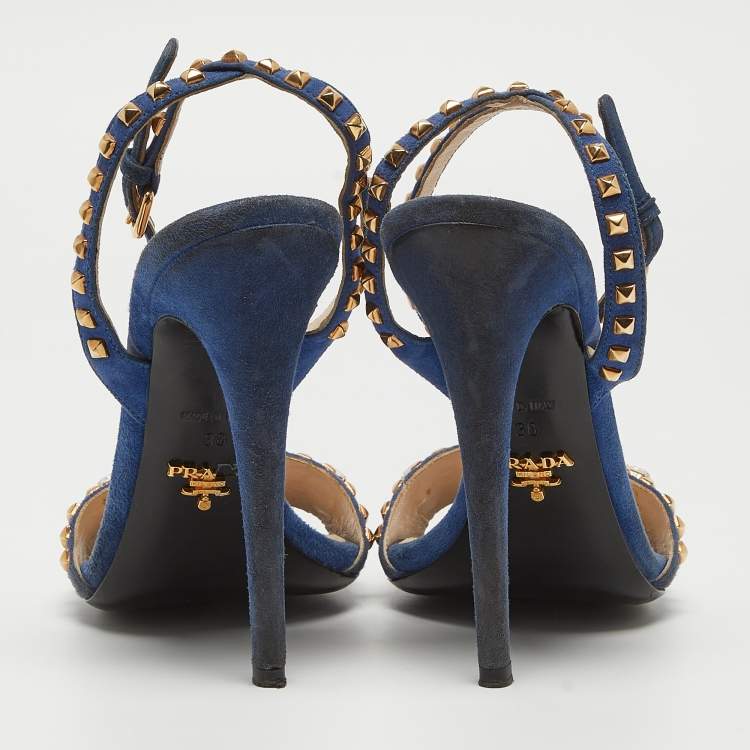 Pre Owned Prada Blue Suede Crystal Embellished Ankle Strap Sandals Size 38