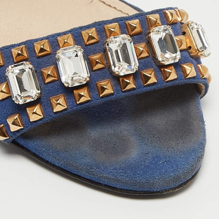 Pre Owned Prada Blue Suede Crystal Embellished Ankle Strap Sandals Size 38