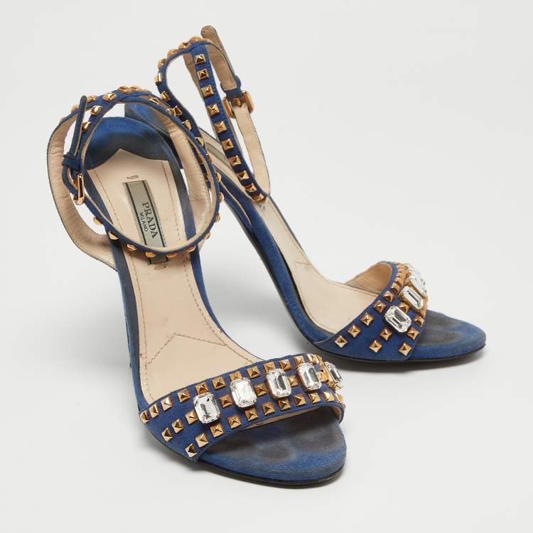 Pre Owned Prada Blue Suede Crystal Embellished Ankle Strap Sandals Size 38