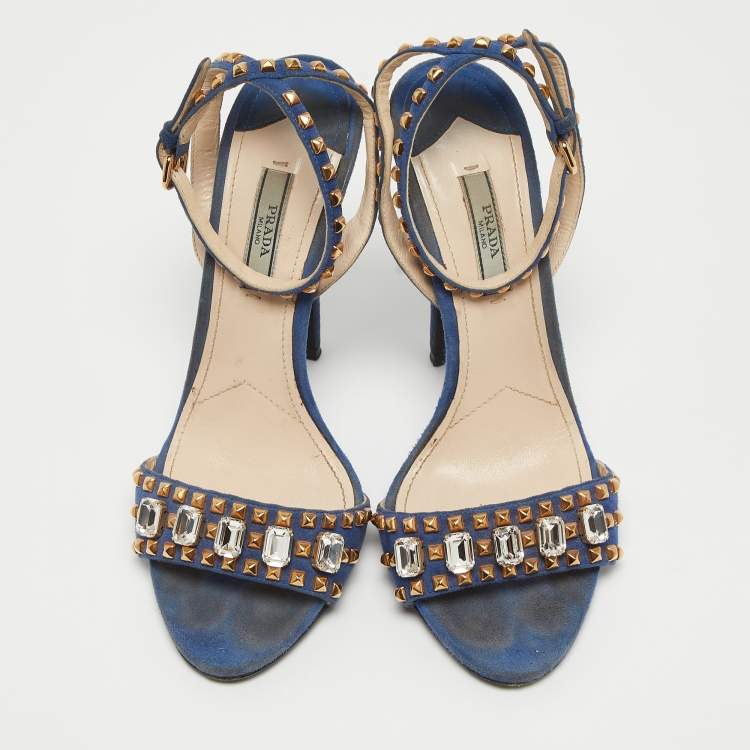Pre Owned Prada Blue Suede Crystal Embellished Ankle Strap Sandals Size 38