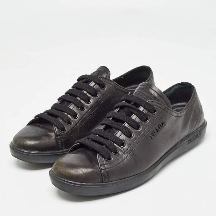 Pre Owned Prada Black Leather Lace Up Sneakers Size 38.5