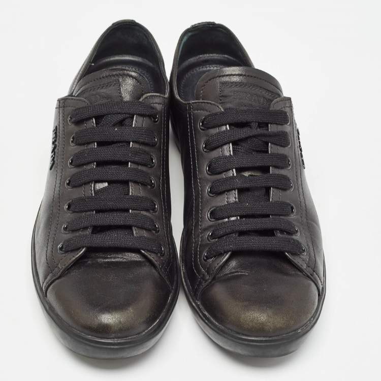 Pre Owned Prada Black Leather Lace Up Sneakers Size 38.5