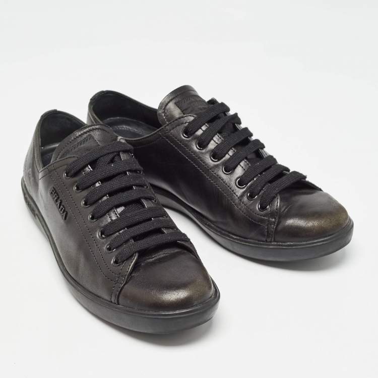 Pre Owned Prada Black Leather Lace Up Sneakers Size 38.5
