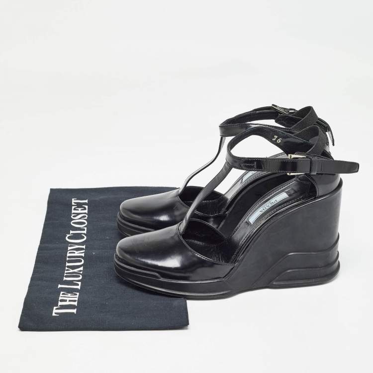 Pre Owned Prada Black Patent Leather T-Strap Wedge Sandals Size 36