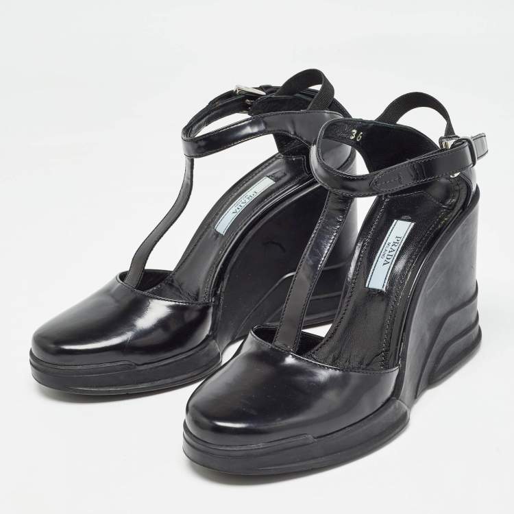 Pre Owned Prada Black Patent Leather T-Strap Wedge Sandals Size 36