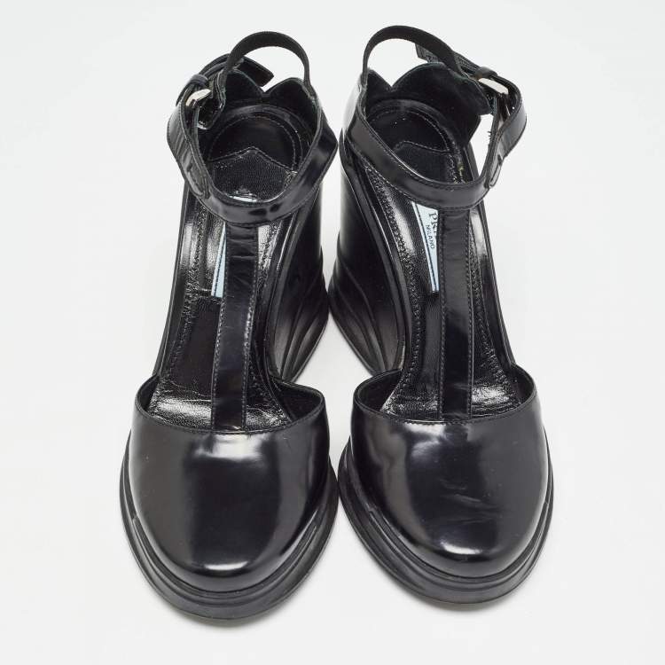 Pre Owned Prada Black Patent Leather T-Strap Wedge Sandals Size 36