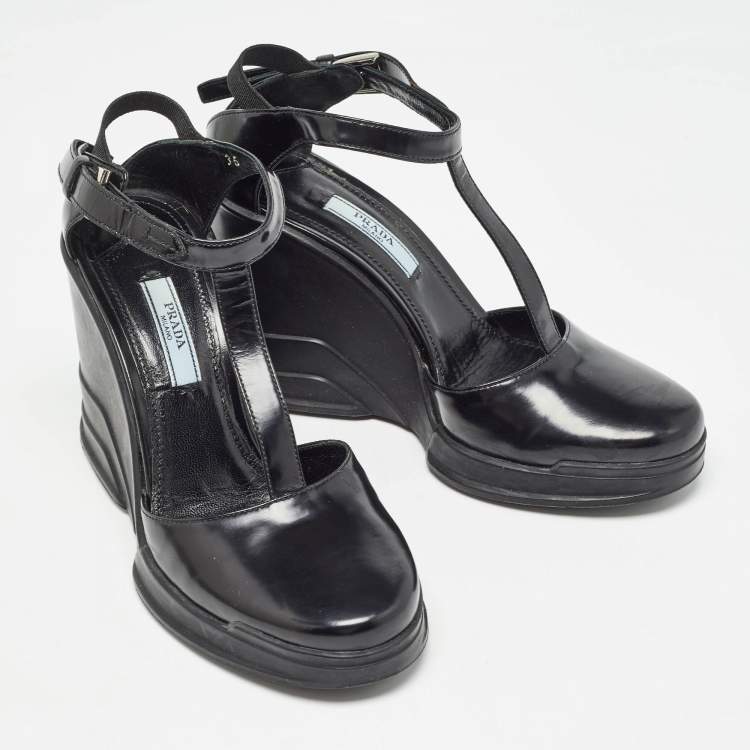 Pre Owned Prada Black Patent Leather T-Strap Wedge Sandals Size 36